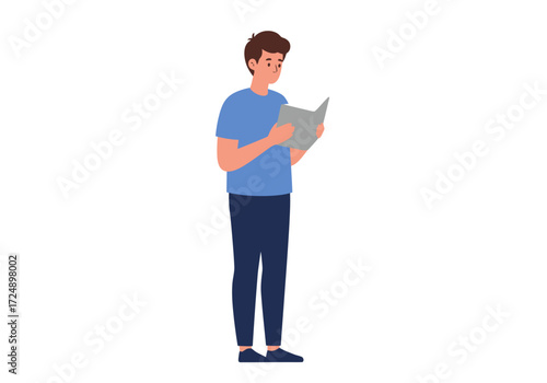 Man standing, reading a book or document, wearing casual clothes, isolated on white.