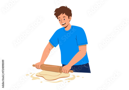 A young man smiles while using a rolling pin to flatten dough on a surface.