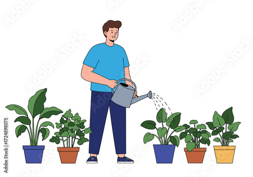 A man waters potted plants with a watering can, tending to his indoor garden.