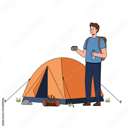 A man stands near an orange tent, holding a camera and water bottle, ready for camping.