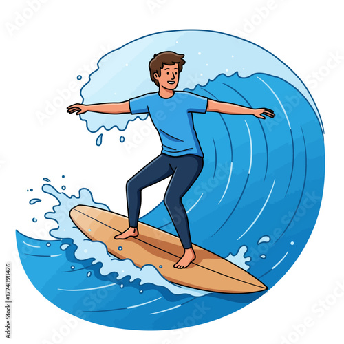 Cartoon illustration of a man surfing on a wave, arms outstretched for balance, enjoying the ocean sport.