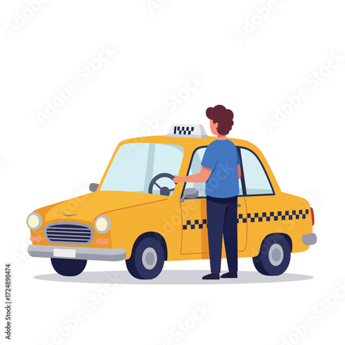 Man standing by a yellow taxi, about to enter the vehicle.