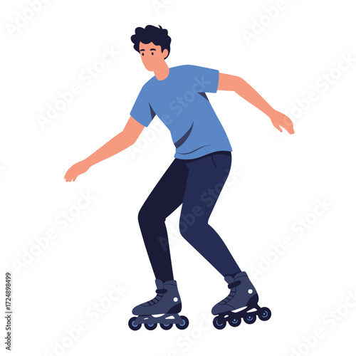A young man in a blue shirt rollerblading on a white background.