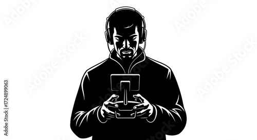 Modern Tech Silhouette of a Male Drone Pilot Intently Operating a Complex Remote Control