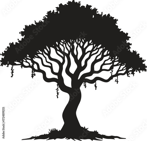 Large tree silhouette with detailed branches and leaves, natural forest element design, botanical artwork, cad drawing flat vector illustration