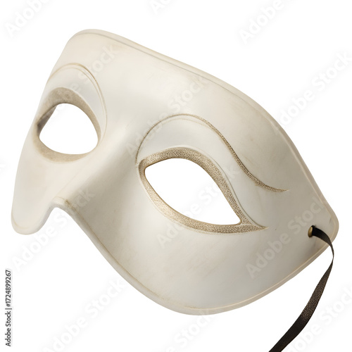 White Venetian Masquerade Mask with Gold Accents isolated on a transparent background