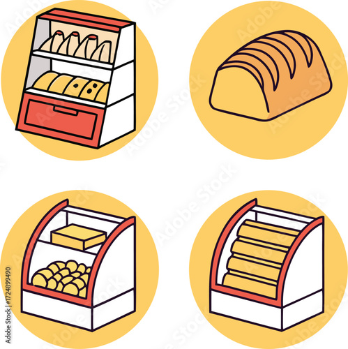 Bakery Display Cases and Bread Loaf Icon Set vector Illustration