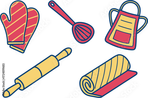 Baking Utensils Oven Mitts, Whisk, Apron, Rolling Pin, Baking Mat vector Illustration