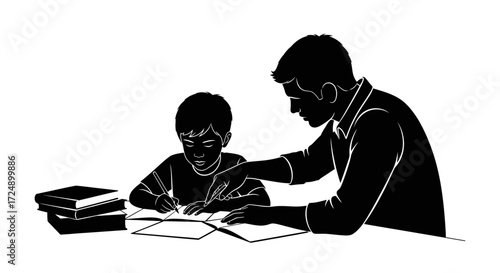 Nurturing Vector Silhouette of a Parent Guiding a Young Child Through School Homework
