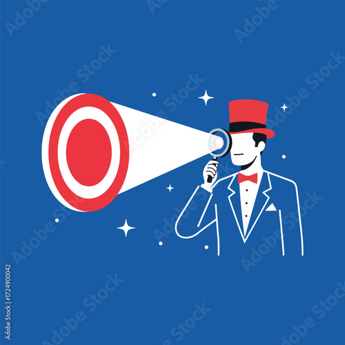 Man in tuxedo with top hat looking through telescope at target