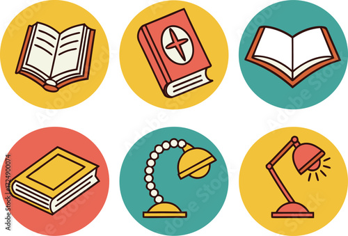 Collection of Books and Lamps in Circular Icons vector Illustration