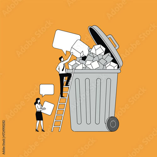 People throwing paper into a trash can, concept of discarding information