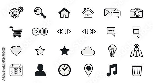 A collection of black and white line art icons for web and mobile interfaces, featuring common symbols like home, search, settings, and media controls.