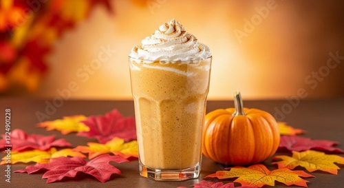 Pumpkin Spice Protein Shake or smoothie with whipped cream, mini pumpkin, and fall leaves for autumn menu and healthy diet concepts