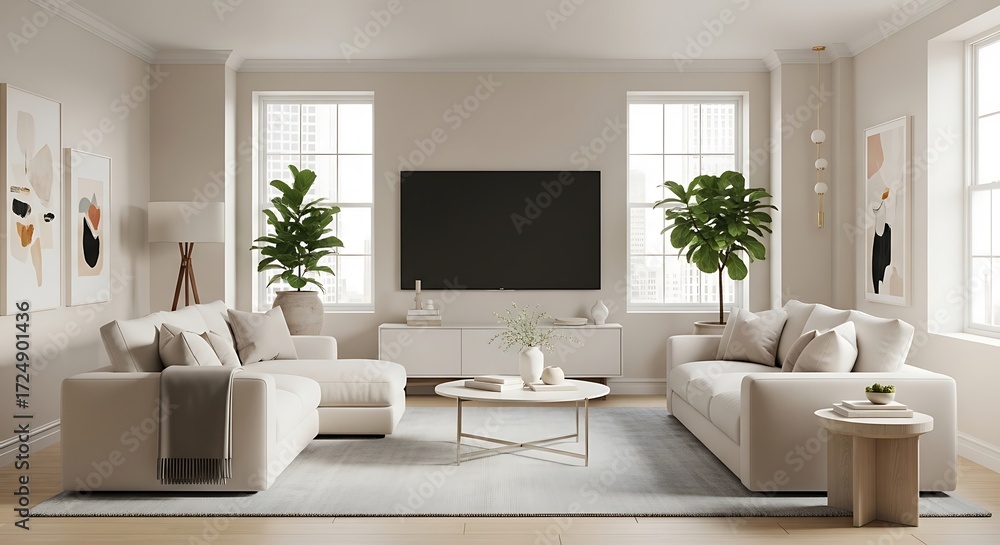 Fototapeta premium A modern, minimalist living room boasts a light beige sectional sofa, complemented by a neutral color palette and statement art pieces.