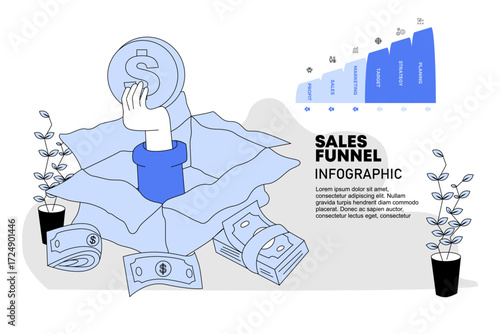 Sales funnel illustration, money-making illustration suitable for business presentations, websites, annual posters. Vector eps