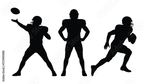 Silhouettes of three american football players in action poses