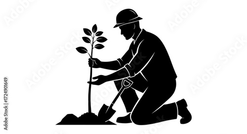 Sustainable Graphic Silhouette of a Man Conservationist Actively Planting a Small Tree