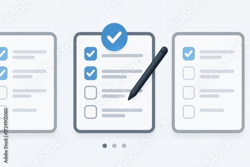 Illustration of blue digital checklist with pen marking completed tasks symbolizing productivity and planning
