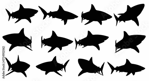 A collection of twelve black shark silhouettes swimming in various dynamic poses on a white background.