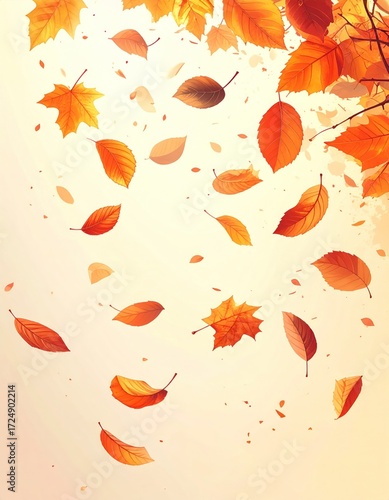 Numerous orange & brown leaves fall from above, with soft light background & branches in upper-right, giving an autumnal feeling