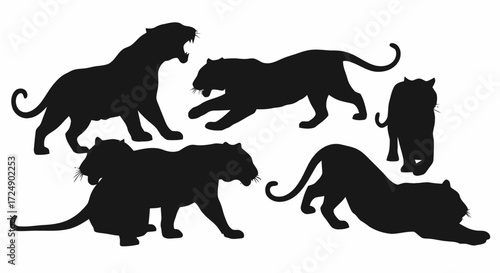 Five black silhouettes of tigers in different poses.