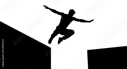 Dynamic Vector Silhouette of a Male Parkour Athlete Vaulting Over an Urban Obstacle