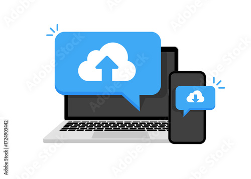 Back up to the cloud storage anywhere concept. Devices using the Cloud stock illustration