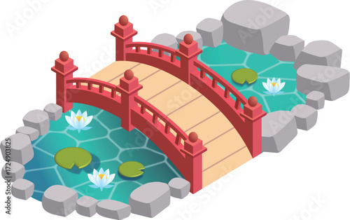 神社にある橋と池のベクターイラスト素材