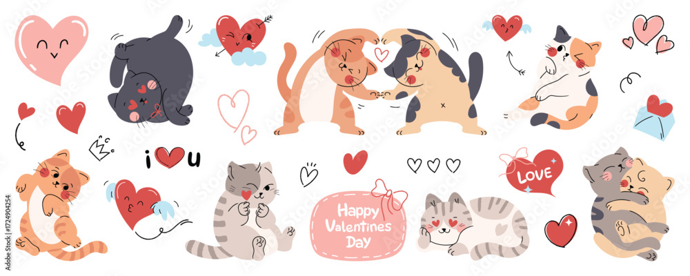 custom made wallpaper toronto digitalCute cat doodle in happy valentine's festival vector set. Cartoon cat or kitten characters design collection in different poses and element. Set of love event pet animals isolated on white background.