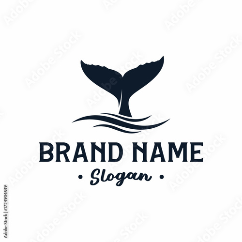 Logo of a whale tail emerging from water, with brand name and slogan.