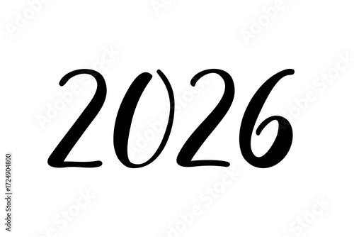 2026 handwritten calligraphic vector numbers. Elegant black numerals isolated on white background. For greeting cards, postcards, invitations, banners, prints, posters, New Year celebrations.