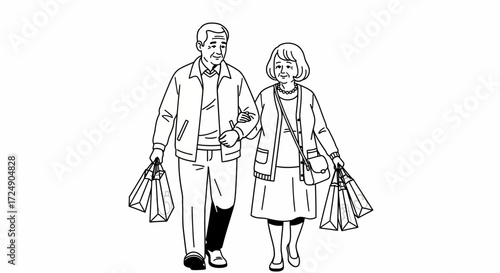 Happy senior couple enjoying a day of shopping together, strolling arm-in-arm with bags full of delightful purchases, creating cherished memories