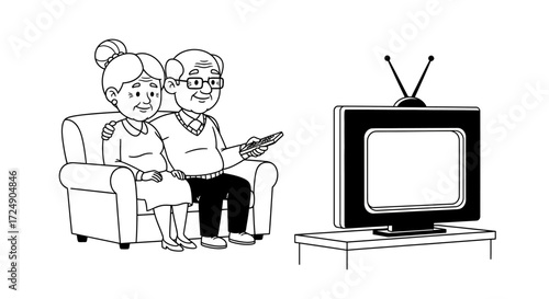 Sweet senior couple relaxing together watching television, enjoying retirement and companionship in their cozy home, creating memories of comfort