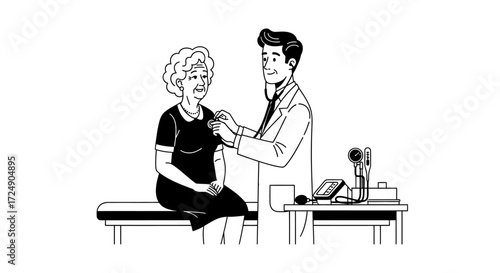 Caring doctor giving senior woman a checkup with stethoscope during medical consultation, offering compassion and professional healthcare in clinic