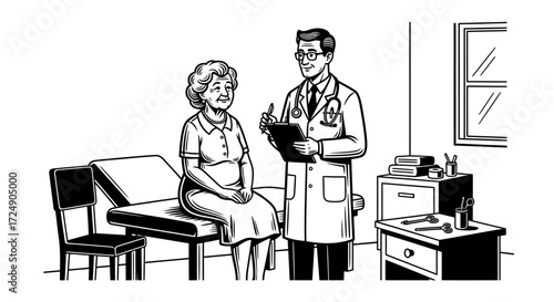 Caring doctor consulting with senior patient in clinic, providing compassionate healthcare and medical advice during examination for well-being