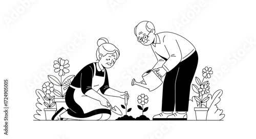 Charming senior couple enjoys gardening together planting flowers and watering plants in their garden, creating a heartwarming scene of love and joy