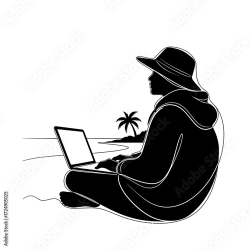 Digital Nomad Silhouette Working Tropical Beach Laptop Remote Freedom Lifestyle