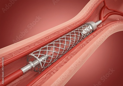 Medical illustration of a coronary artery stent being deployed to open a blocked blood vessel