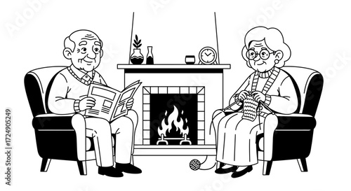 Cozy retirement scene with senior couple relaxing by fireplace in armchairs reading newspaper and knitting, capturing the warmth of home and companionship
