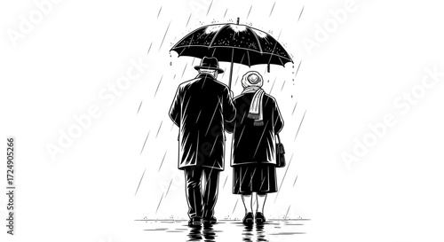 Sweet senior couple sharing umbrella in the rain, a timeless symbol of enduring love and companionship, perfect for heartwarming stories and designs