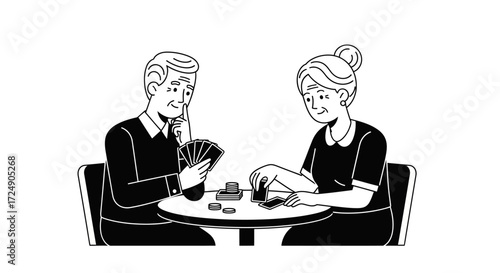 Engaging older couple enjoys a friendly card game at home, creating warm memories and shared laughter during their leisure time, a joyful retirement scene