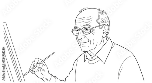 Creative senior man painting art on canvas with brush, expressing creativity and passion in black and white line art style for design projects