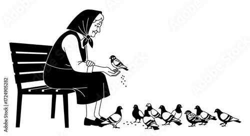 Sweet illustration shows an elderly woman feeding birds in a park, evoking feelings of kindness, charity, and connection with nature in a monochrome aesthetic