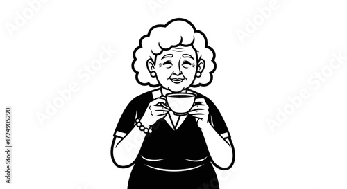 Cozy illustration of grandma enjoying her warm cup of tea, perfect for heartwarming projects or vintage designs, and adding a touch of nostalgic comfort