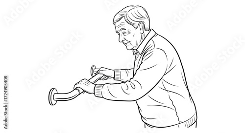 Elderly man gripping grab bar for balance and safety in bathroom, promoting independent living and accessibility with care and support at home