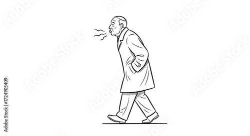 Elderly man walking confidently in a coat, his breath visible in the cold air, conveying experience and resilience with a touch of winter's chill