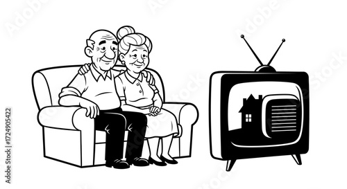 Cute senior couple snuggling on the sofa enjoying television time and creating memories together with cozy home vibes, family love, and happy retirement