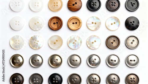 Organized display of different button types: plastic, shell, metal, monochrome grid