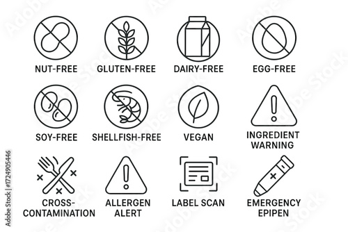 Food allergy icons: nut-free, gluten-free, dairy-free, vegan, allergen alert, emergency epipen